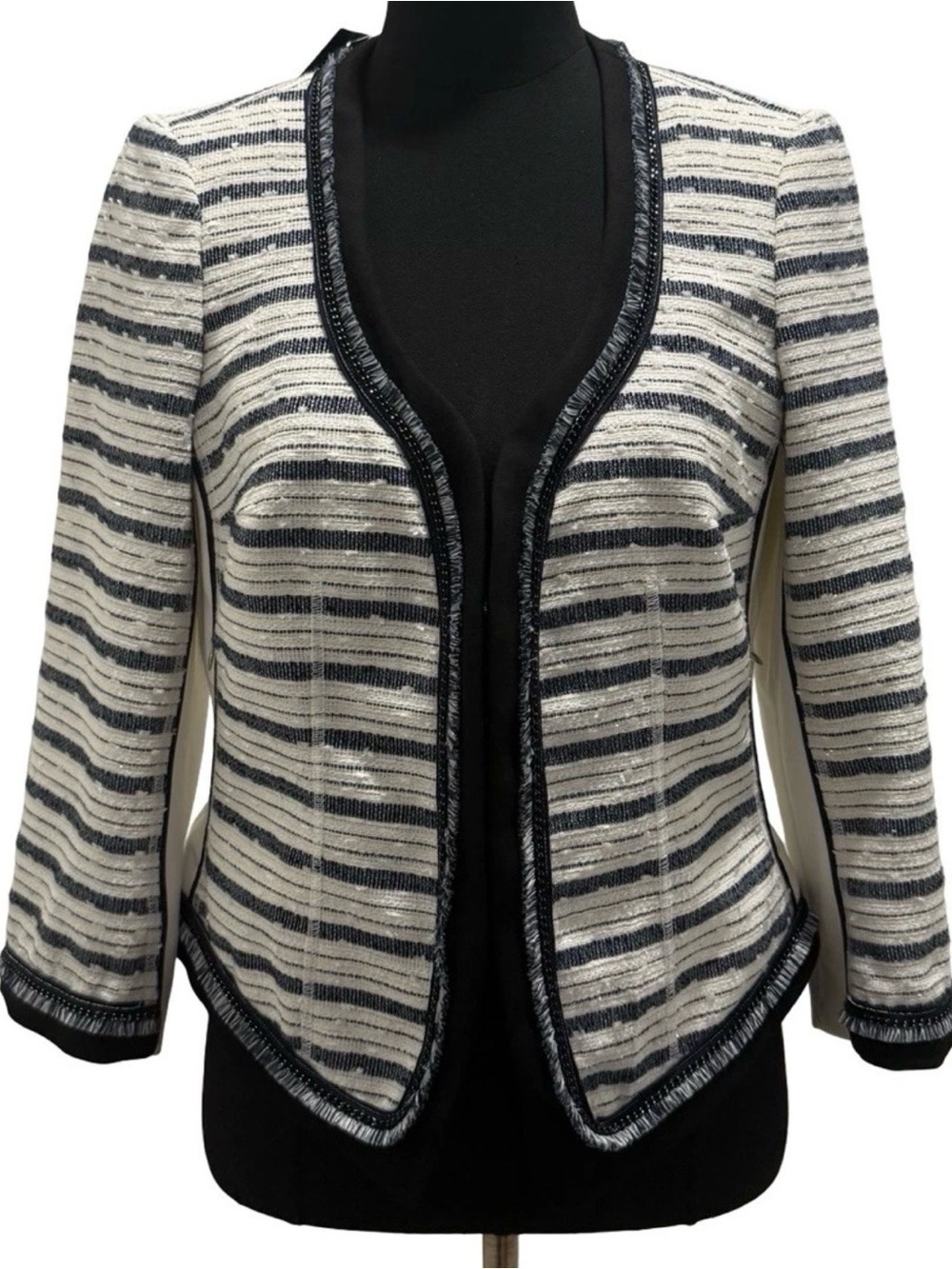 White House Black Market Blue/White Long Sleeve Striped Tweed Jacket, Size 8 NWT